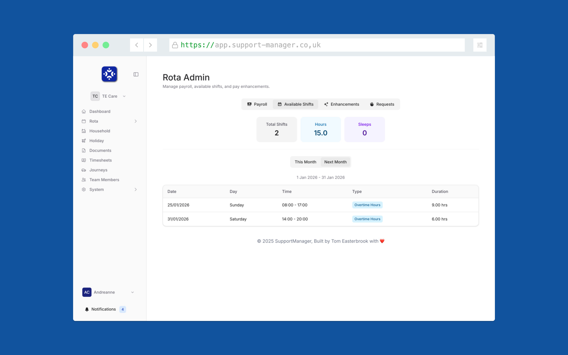 Screenshot of Available Shifts feature