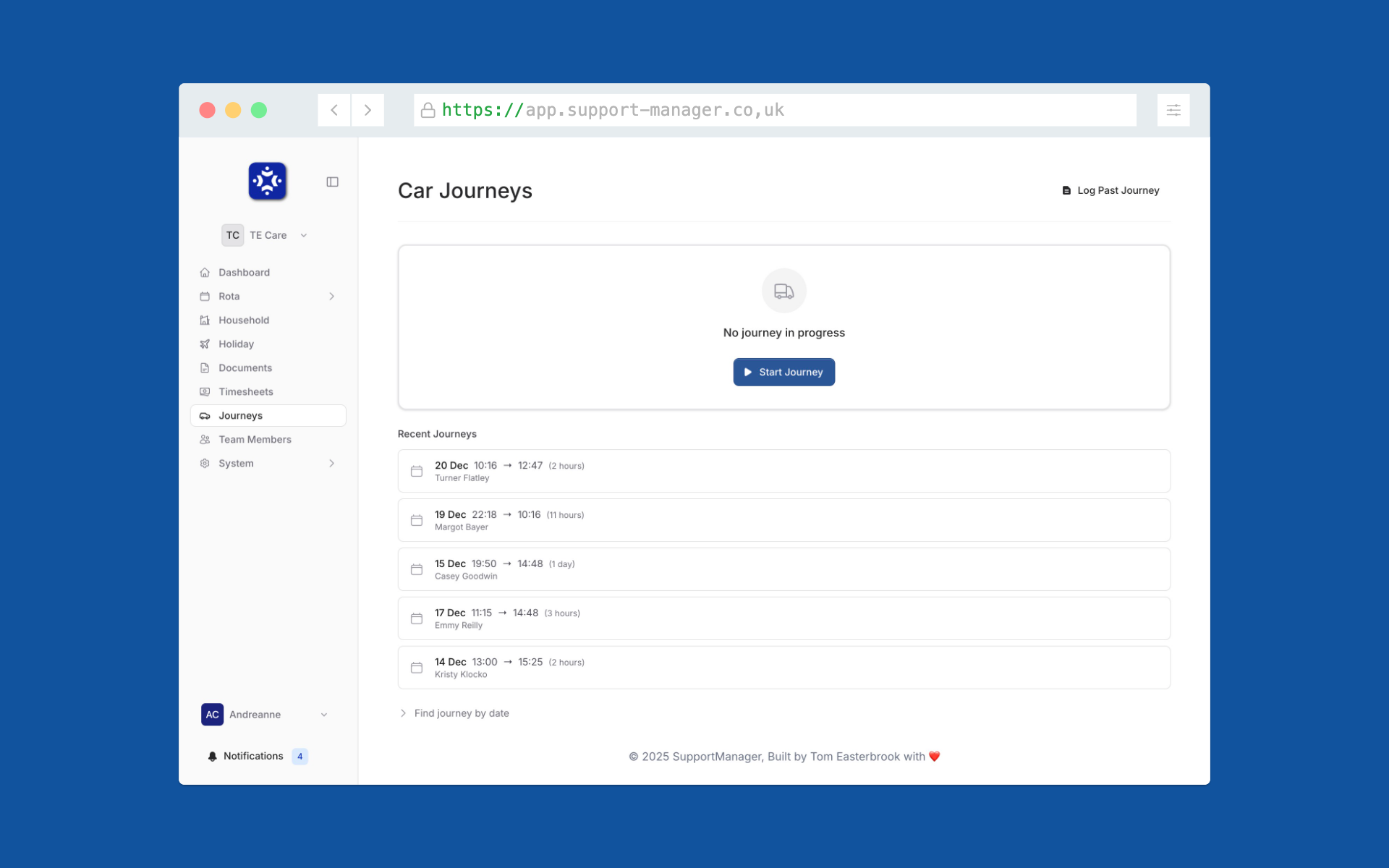 Screenshot of Car Journeys, Logged feature