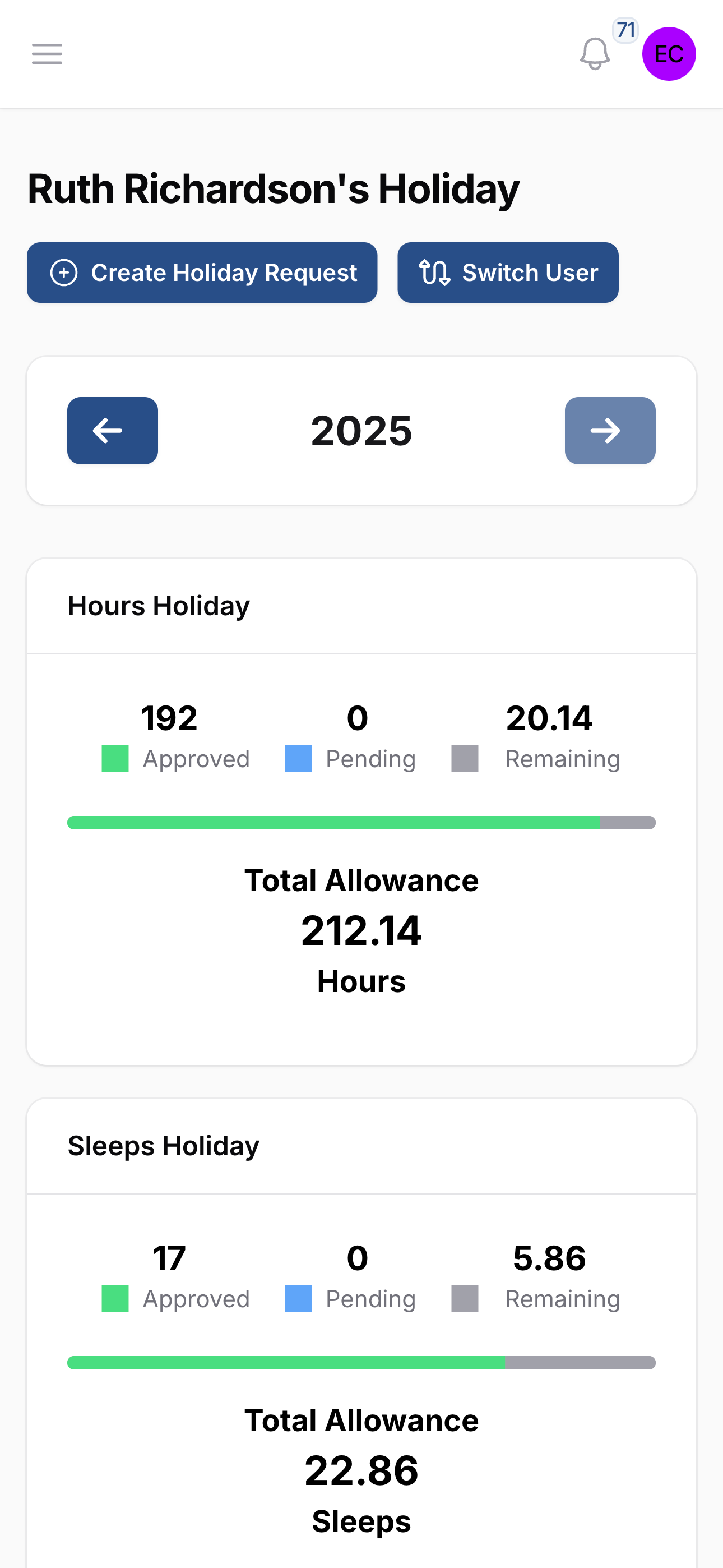 Screenshot of Time Off, Handled Fairly feature: Easily track holiday, sick leave, and time off — including sleep-in shift-based holiday calculations. Ensure your team gets the rest they're entitled to, with built-in accuracy and transparency.