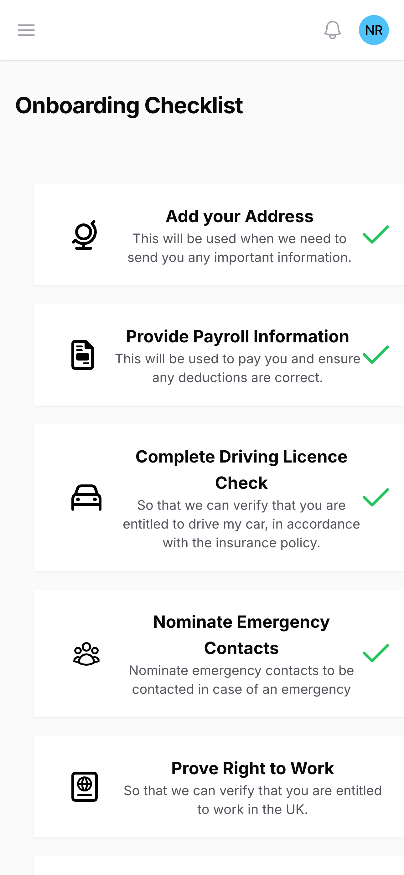 Screenshot of Simple, Secure Staff Onboarding feature: Collect everything you need to get new team members started — from addresses and bank details to driving licences and DBS checks. All in one place, all hassle-free.