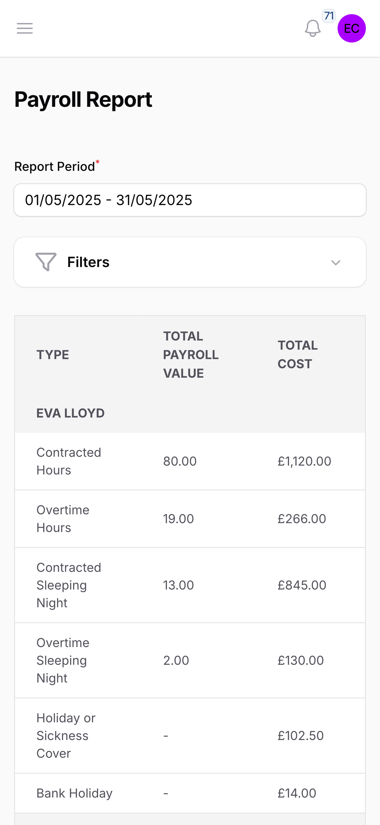 Screenshot of Payroll Doesn't Have To Be A Headache feature: Automatically generate clear, accurate payroll reports — including hours worked, sleep-in shifts, and holiday pay. Everything you need to pay your team confidently and correctly, in one place.