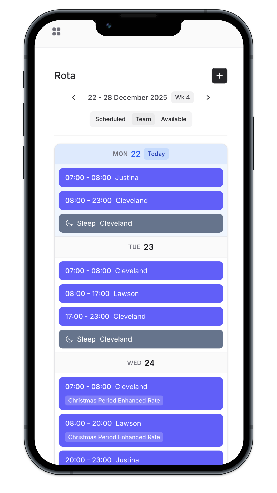 SupportManager mobile app showing rota management interface on iPhone