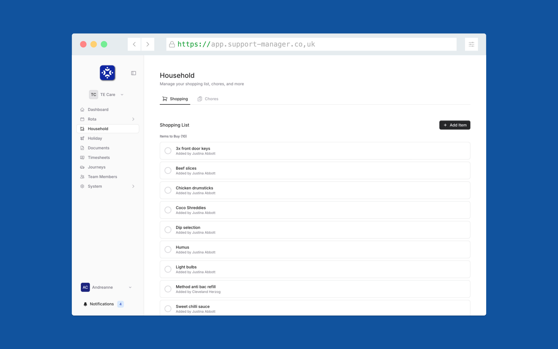 Screenshot of Shared Shopping Lists feature